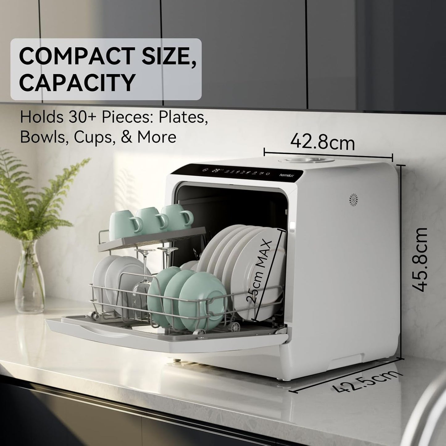 Hermitlux Table Top Dishwasher – Mini Countertop, 4 Place Settings, 6 Programs, Built-In 5L Water Tank, Touch Control